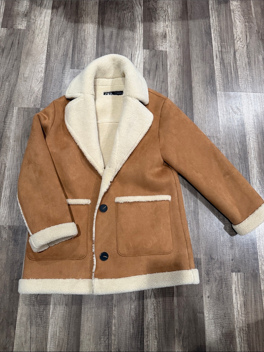 Zara Tan Suede-Look Puffer Coat with Cream Shearling Trim